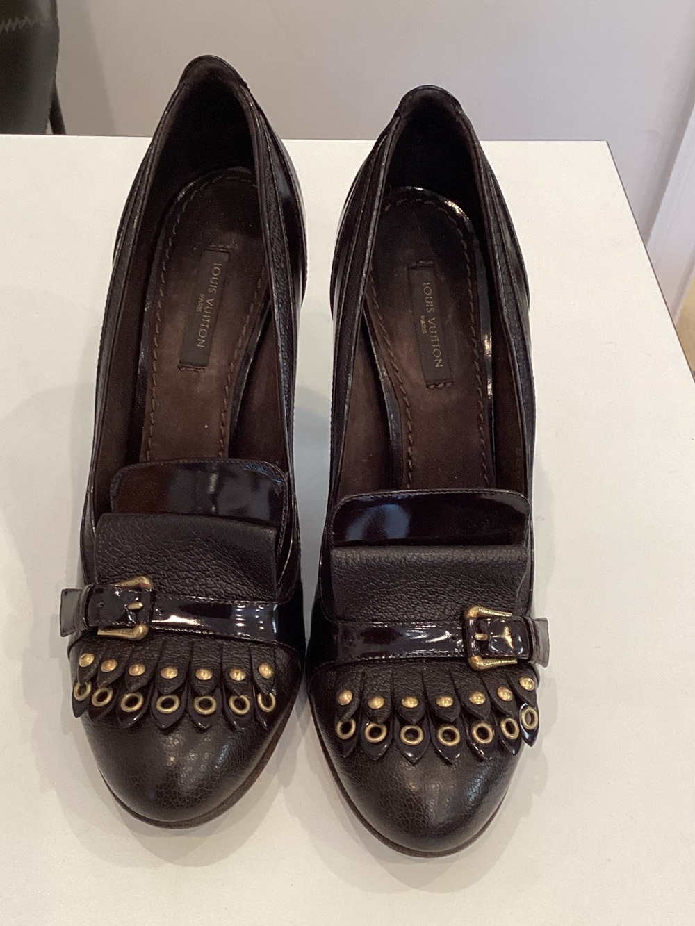 Louis Vuitton Black Leather Kiltie Pumps with Gold Eyelet Detail